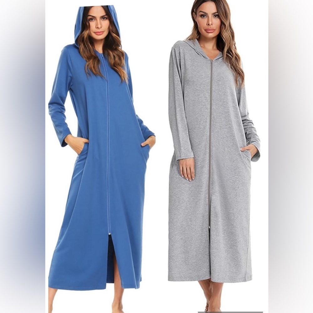 Blue and Gray Long MC Sleeve Zip-Up House Dresses